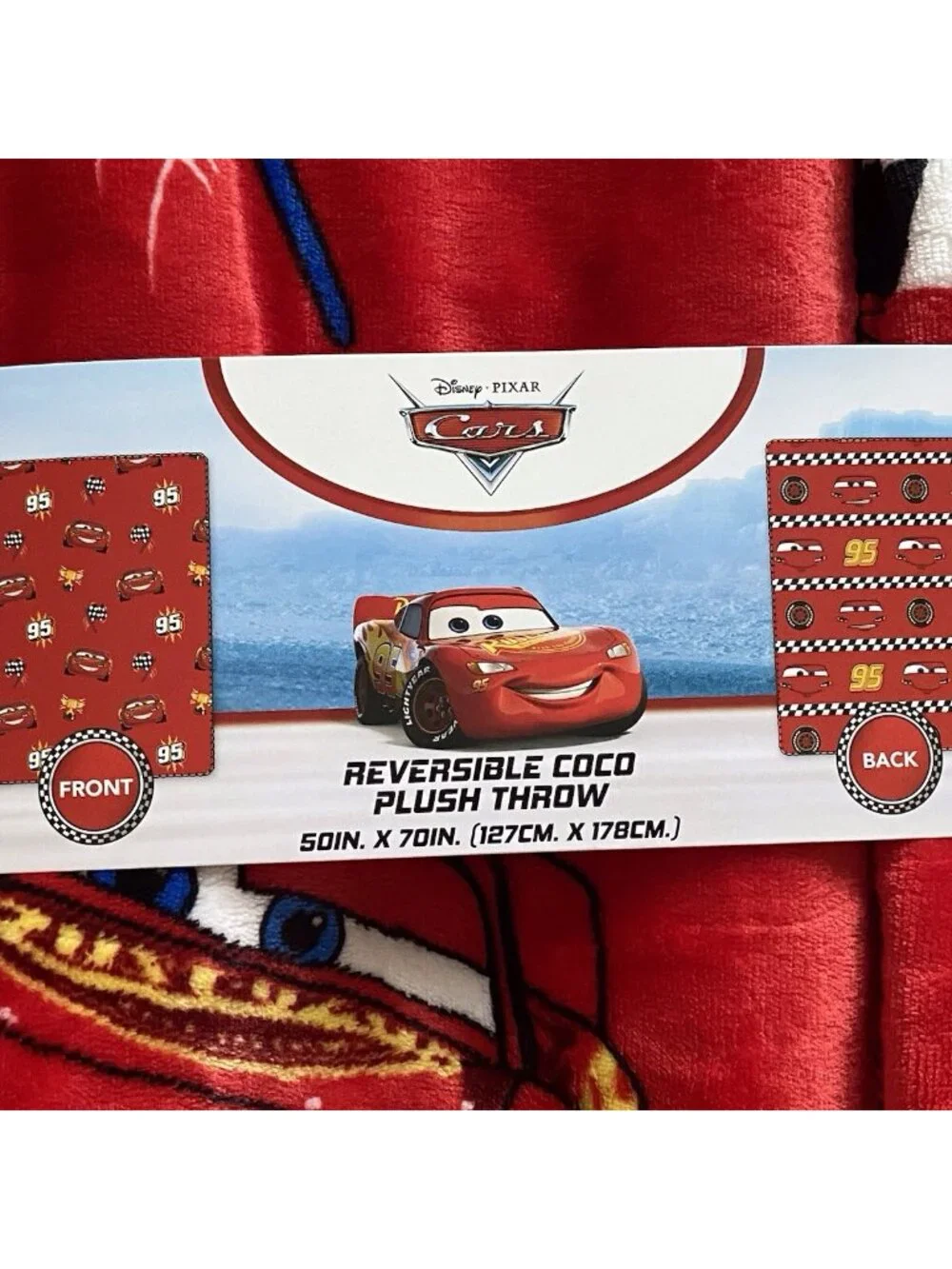 DISNEY Pixar CARS LIGHTNING MCQUEEN Reversible Coco Throw Blanket 50‎ X 70” NEW